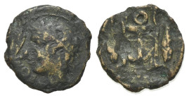 Sicily, Leontinoi, c. 405-402 BC. Æ Onkia (10mm, 0.60g, 9h). Laureate head of Apollo l.; ivy leaf to l. R/ Tripod; barley grains flanking. CNS III, 2;...