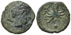Sicily, Second Democracy (466-405), Uncia, Syracuse, post 425 BC; Æ (16mm, 2,64g). Female head r.; behind, dolphin, R/Octopus; pelllet between tentacl...