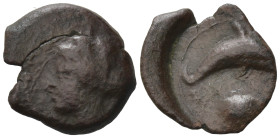 Sicily, Syracuse, c. 415-405 BC. Æ Hemilitron (17mm, 2,43g). Head of Arethusa l., hair bound in ampyx and sphendone; two leaves to r. R/ Dolphin swimm...