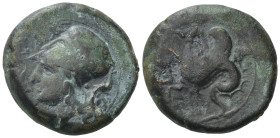 Sicily, Syracuse. Dionysios I. 405-367 BC. Æ Drachm (20,5mm, 8,13g). Head of Athena left, wearing necklace and Corinthian helmet; dolphin downwards be...