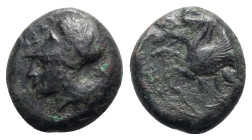 Sicily, Syracuse, 400-390 BC. Æ Hemilitron (19mm, 6.36g, 12h). Head of Athena l., wearing Corinthian helmet decorated with wreath. R/ Hippocamp l. CNS...