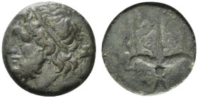 Sicily, Syracuse. Hieron II (275-215 BC). Æ (19mm, 6.08g, 3h). Head of Poseidon l., wearing tainia. R/ Ornamented trident head flanked by two dolphins...