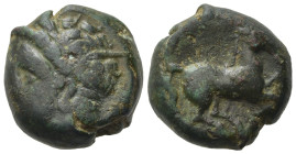 Sicily, uncertain Punic mint (Panormos?) Circa 400-350 BC. Æ. (14mm, 5,30g). Wreathed head of Triptolemos l. R/ Horse running to right. Near VF