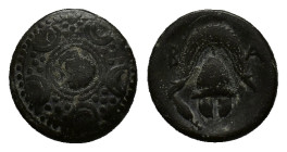Kings of Macedon. Alexander III ‘the Great’ (336-323 BC). Æ Half Unit (15mm, 3.94g). Head of Herakles l. at centre of Macedonian shield. R/ Plumed Mac...