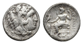 Kings of Macedon, Alexander III ‘the Great’ (336-323 BC). AR Drachm (15mm, 4.13g). Uncertain mint. Head of Herakles r., wearing lion skin. R/ Zeus Aët...