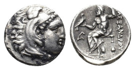 Kings of Macedon, Philip III Arrhidaios (323-317 BC). AR Drachm (15mm, 4.20g). In the name of Alexander III. Lampsakos. Head of Herakles r., wearing l...