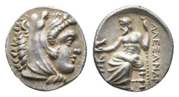 Kings of Macedon, Philip III Arrhidaios (323-317 BC). AR Drachm (16mm, 4.22g). In the name of Alexander III. Sardes. Head of Herakles r., wearing lion...
