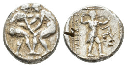 Pamphylia, Aspendos, c. 415/0-400 BC. AR Stater (22mm, 10.94g). Two wrestlers grappling. R/ Slinger in throwing stance r.; triskeles to right; all in ...