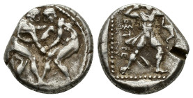 Pamphylia, Aspendos, c. 415/0-400 BC. AR Stater (21mm, 10.93g). Two wrestlers grappling. R/ Slinger in throwing stance r.; triskeles to right; all in ...