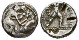 Pamphylia, Aspendos, c. 415/0-400 BC. AR Stater (21mm, 10.88g). Two wrestlers grappling. R/ Slinger in throwing stance r.; triskeles to right; all in ...