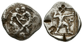 Pamphylia, Aspendos, c. 415/0-400 BC. AR Stater (24mm, 10.90g). Two wrestlers grappling. R/ Slinger in throwing stance r.; triskeles to right; all in ...