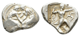 Pamphylia, Aspendos, c. 415/0-400 BC. AR Stater (23mm, 10.84g). Two wrestlers grappling. R/ Slinger in throwing stance r.; triskeles to right; all in ...