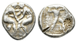 Pamphylia, Aspendos, c. 415/0-400 BC. AR Stater (22mm, 10.87g). Two wrestlers grappling. R/ Slinger in throwing stance r.; triskeles to right; all in ...