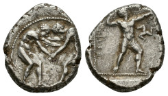 Pamphylia, Aspendos, c. 420-410 BC. AR Stater (21mm, 10.91g). Two wrestlers grappling. R/ Slinger standing r.; triskeles. SNG BnF 51-5. Near VF