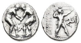 Pamphylia, Aspendos, c. 380/75-330/25 BC. AR Stater (21mm, 10.61g). Two wrestlers grappling; BΛ between. R/ Slinger in throwing stance r.; triskeles t...