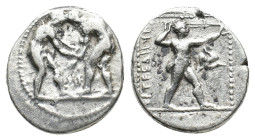 Pamphylia, Aspendos, c. 380/75-330/25 BC. AR Stater (20.5mm, 10.78g). Two wrestlers grappling; ME between. R/ Slinger in throwing stance r.; triskeles...