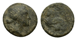 Pamphylia, Perge, c. 60-40 BC. Æ (14mm, 2.50g). Diademed and draped bust of Artemis r., quiver at shoulder. R/ Sphinx seated r. Cf. SNG BnF 352. Good ...