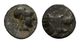 Pamphylia, Side, c. 370-360 BC. AR Obol (9mm, 0.58g). Head of lion r. R/ Helmeted head of Athena r. SNG BnF 738. Good Fine