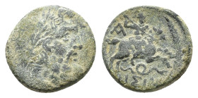 Pisidia, Isinda, 2nd-1st century BC. Æ (17mm, 5.61g), year 1 (25/4 or 12/1 BC). Laureate head of Zeus r. R/ Horseman galloping r., spearing serpent; A...