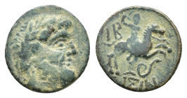 Pisidia, Isinda, 2nd-1st century BC. Æ (18mm, 3.87g), year 12. Laureate head of Zeus r. R/ Horseman galloping r., spearing serpent; IB to upper l. SNG...