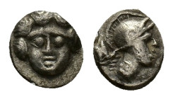 Pisidia, Selge, c. 350-300 BC. AR Obol (8mm, 0.81g). Facing gorgoneion. R/ Helmeted head of Athena r.; astralagos behind. SNG BnF 1934. VF
