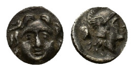 Pisidia, Selge, c. 350-300 BC. AR Obol (9mm, 0.88g). Facing gorgoneion. R/ Helmeted head of Athena r.; astralagos behind. SNG BnF 1934. VF