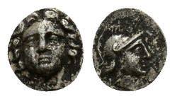 Pisidia, Selge, c. 350-300 BC. AR Obol (10mm, 0.77g). Facing gorgoneion. R/ Helmeted head of Athena r.; astralagos behind. SNG BnF 1934. Near VF