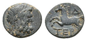 Pisidia, Termessos, 1st century BC. Æ (15mm, 2.56g), year 14 (58/7 BC). Laureate head of Zeus r. R/ Horse galloping l. SNG BnF 2117. Near VF