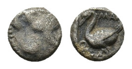Cilicia, Mallos, c. 440-390 BC. AR Obol (7mm, 0.81g). Half-length bust of winged figure facing, head r., holding disk. R/ Swan standing l. within incu...