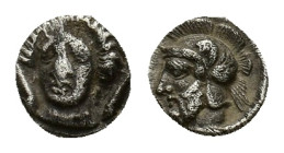 Cilicia, Tarsos. Pharnabazos (380-374/3 BC). AR Obol (9mm, 0.72g). Female head facing slightly l. R/ Helmeted and bearded male head (Ares?) l. SNG BnF...