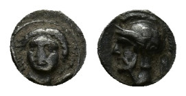 Cilicia, Tarsos. Pharnabazos (380-374/3 BC). AR Obol (8mm, 0.79g). Female head facing slightly l. R/ Helmeted and bearded male head (Ares?) l. SNG BnF...