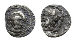 Cilicia, Tarsos. Pharnabazos (380-374/3 BC). AR Hemiobol (7mm, 0.33g). Female head facing slightly l. R/ Helmeted and bearded male head (Ares?) l. SNG...