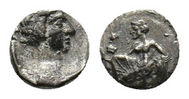 Cilicia, Tarsos, c. 370 BC. AR Obol (8mm, 0.55g). Female kneeling l., casting astragaloi. R/ Youthful male head r. SNG BnF 239; SNG Levante 65. VF