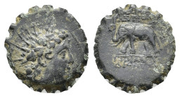 Seleukid Kings, Antiochos VI (144-141 BC). Æ Serrate (19mm, 6.46g). Antioch. Diademed and radiate head r. R/ Elephant walking l. HGC 9, 1043. Near VF
