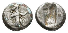 Achaemenid Kings of Persia, c. 485-420 BC. AR Siglos (15mm, 4.81g). Persian king or hero, wearing kidaris and kandys, quiver over shoulder, in kneelin...