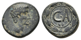 Augustus (27 BC-AD 14). Mysia, Pergamum, Æ As (22mm, 10.57g), c. 27-6. Bare-head r. R/ CA within wreath. RIC I 495; RPC I 4103. Green patina, VF