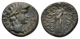 Tiberius (14-37). Caria, Apollonia Salbace. Æ (18mm, 4.80g). Kallippos Artemiodoros, magistrate. Bare head r. R/ Apollo standing l., holding raven and...