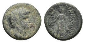 Nero (54-68). Lydia, Apollonoshieron. Æ (17mm, 3.96g). Laureate head r. R/ Apollo standing facing, head l., holding patera and lyre. RPC I 3045; GRPC ...