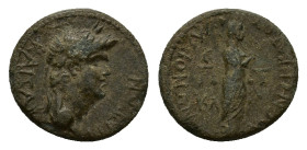 Nero (54-68). Lydia, Maeonia. Æ (16mm, 3.06g). Menekrates, strategos, c. AD 65. Laureate head r. R/ Veiled goddess standing r., holding sceptre over s...