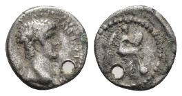 Nero (54-68). Cappadocia, Caesarea-Eusebia. AR Hemidrachm (13mm, 1.65g). Laureate head r. R/ Nike seated l. on globe, holding wreath. RPC I 3645; RIC ...