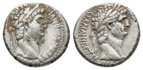 Nero with Divus Claudius (54-68). Seleucis and Pieria, Antioch. AR Tetradrachm (25mm, 13.91g). Laureate head of Nero r. R/ Laureate head of Divus Clau...
