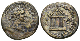 Nerva (96-98). Galatia, Ancyra. Æ (22.90g). T. Pomponius Bassus, presbeutès antistrategos. Laureate head r. R/ Hexastyle temple; globe and eagle in pe...