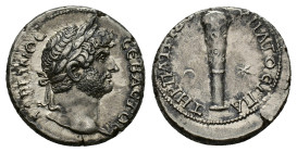 Hadrian (117-138). Cappadocia, Caesarea-Eusebia. AR Tridrachm (20mm, 6.64g). AD 128. Laureate head r. R/ Club; star l., crescent r. RPC III 3113; Metc...
