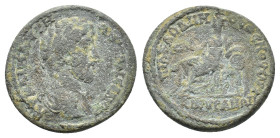 Marcus Aurelius (161-180). Phrygia, Ancyra. Æ (27mm, 12.17g). L. Klo. Demosthenes, archon. Laureate, draped and cuirassed bust r. R/ Cybele seated l.,...