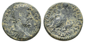 Marcus Aurelius (161-180). Commagene, Samosata. Æ (21mm, 8.58g). Laureate, draped and cuirassed bust r. R/ Tyche seated l. on rock; below, swimming ri...