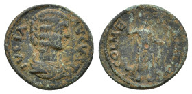 Julia Domna (Augusta, 193-217). Pisidia, Antioch. Æ (22mm, 6.78g). Draped bust r. R/ Mên standing facing with l. foot on bucranium, head turned r., ho...