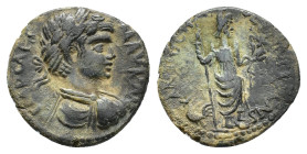 Caracalla (198-217). Pisidia, Antioch. Æ (21mm, 5.88g). Laureate, draped and cuirassed bust r., seen from behind. R/ Mên standing r., with foot on buc...