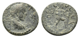Caracalla (198-217). Pisidia, Cremna. Æ (17mm, 4.17g). Laureate, draped and cuirassed bust r. R/ Apollo Propylaios advancing r., holding bow. SNG BnF ...