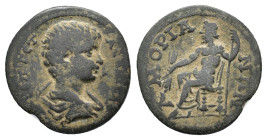 Geta (Caesar, 198-209). Phrygia, Amorium. Æ (25mm, 8.05g). Bareheaded, draped and cuirassed bust r. R/ Zeus seated l. on throne, holding thunderbolt a...