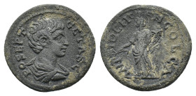 Geta (Caesar, 198-209). Pisidia, Antioch. Æ (23mm, 5.82g). Bare-headed and draped bust r. R/ Tyche standing l., holding branch and cornucopia. SNG BnF...